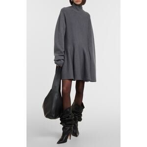 KHAITE Clarice Gray Wool Turtleneck Mini Dress L Fit Flare Luxe